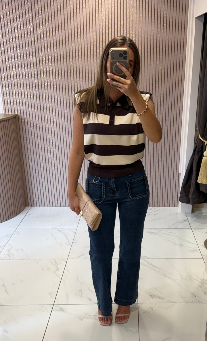 Rosie Chocolate Striped Fine Knit Button Top