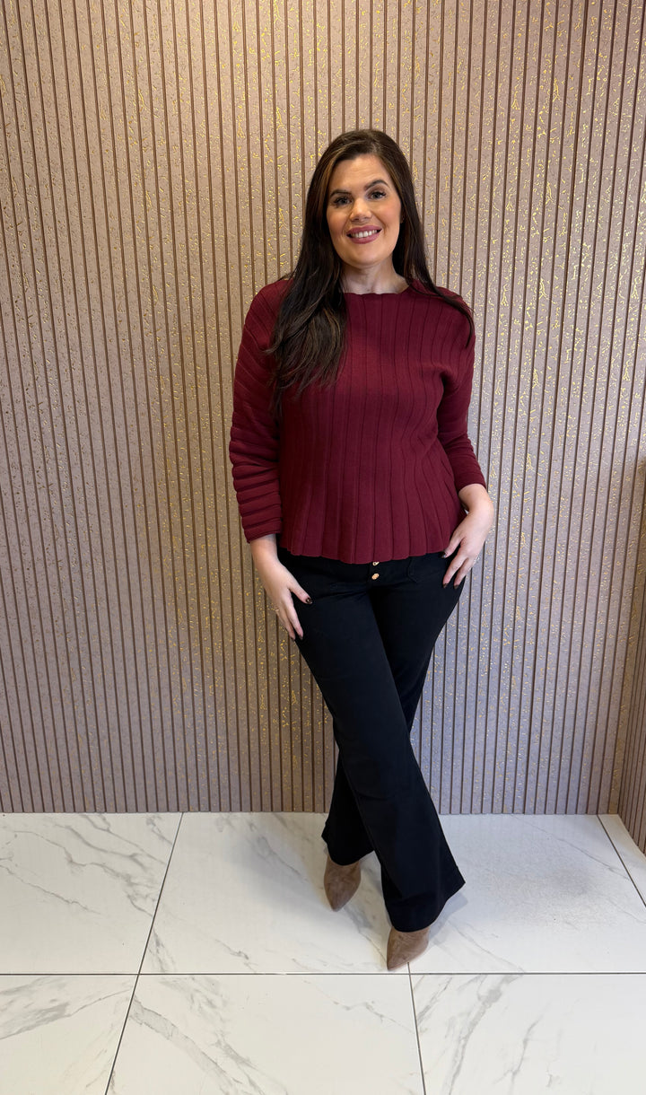 Sian Burgundy Rib Knit Peplum Hem Top