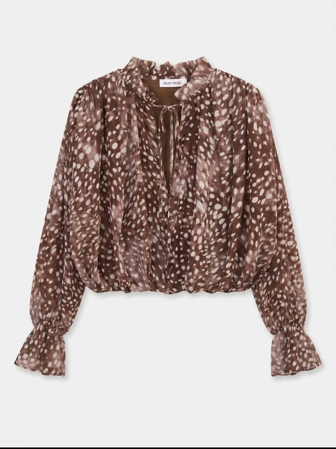 Ada Brown Deer Print Puffball Blouse