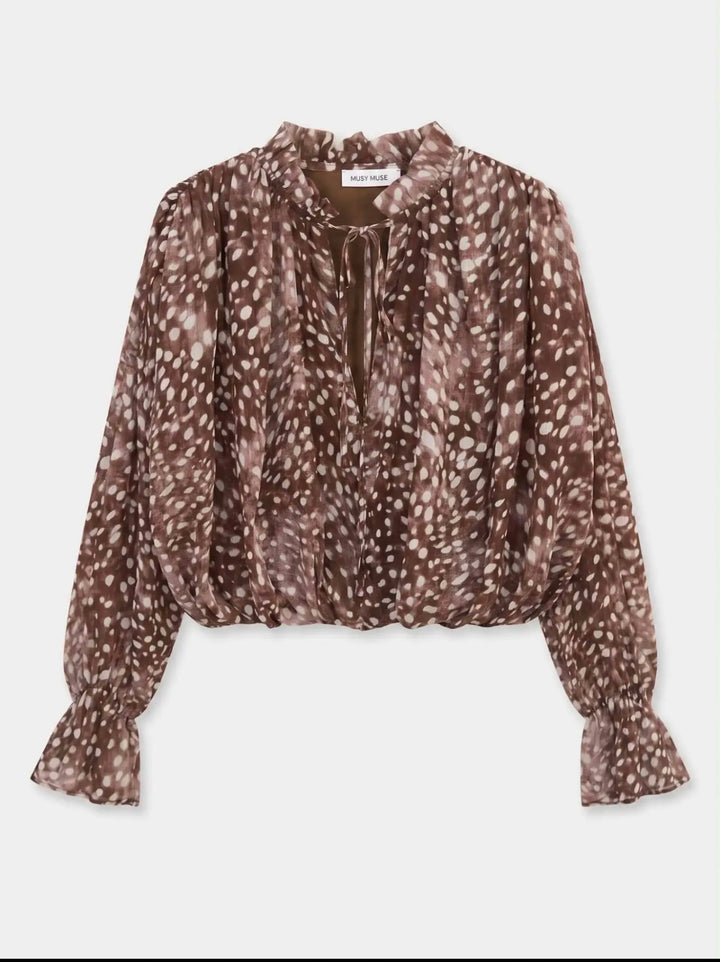 Ada Brown Deer Print Puffball Blouse