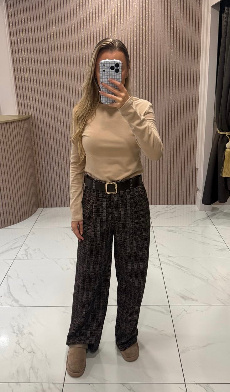 Burgundy, Black &amp; Cream Tailored Belted Trousers