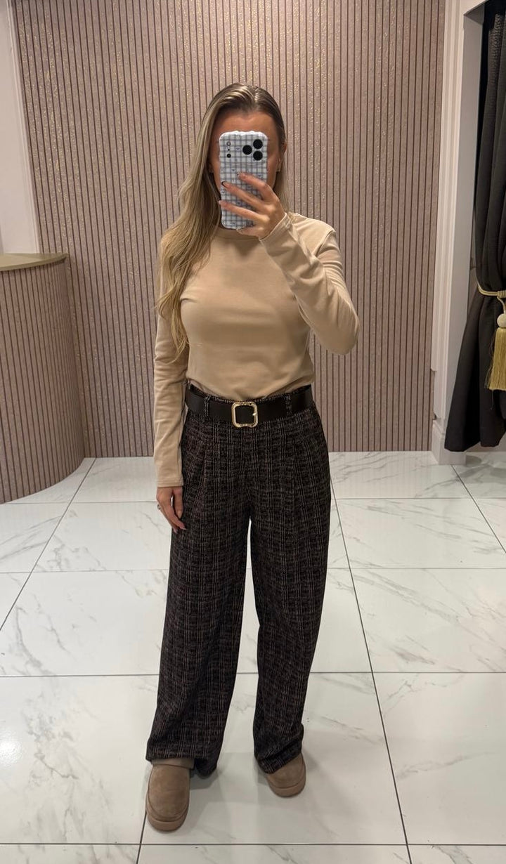 Burgundy, Black &amp; Cream Tailored Belted Trousers