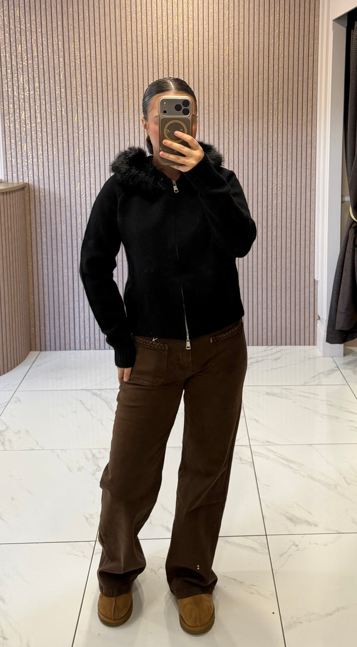 Eliza Black Faux Fur Hooded Zip Up Cardigan