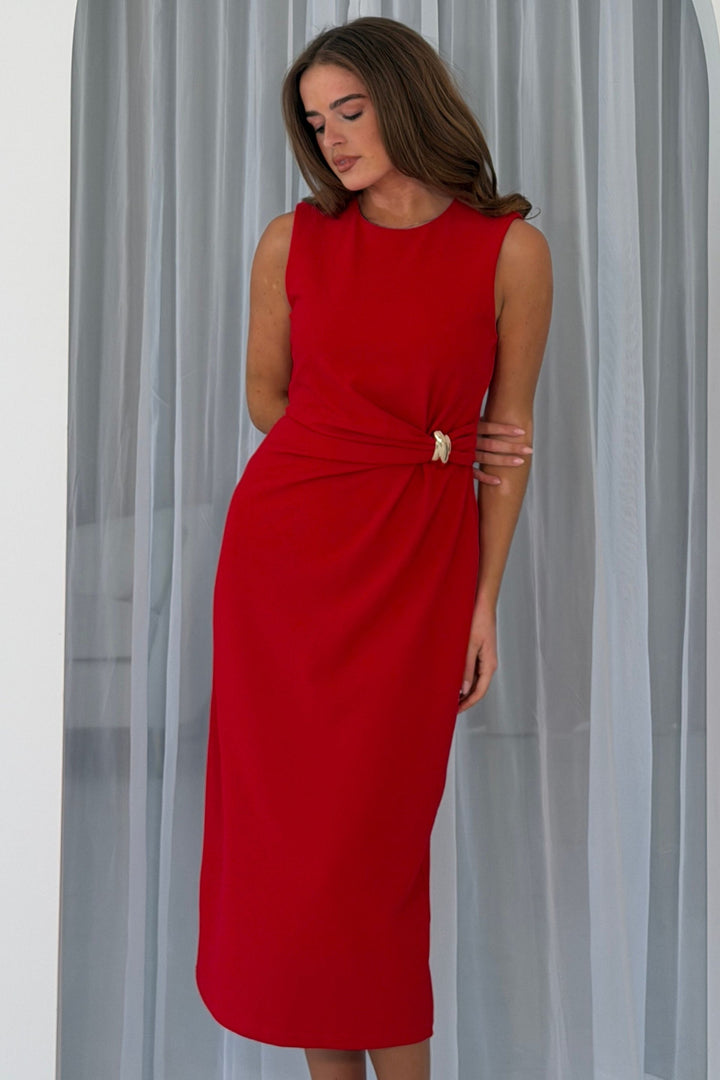 Louisa Gold Buckle Wrap detail Midi Dress Red
