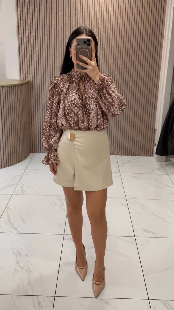 Ada Brown Deer Print Puffball Blouse