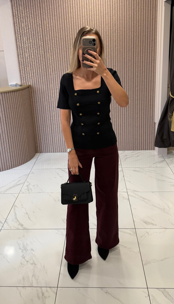 Estelle Black Knit Top with Gold Buttons