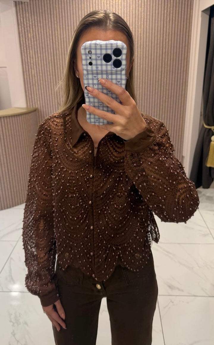 Ashlee Chocolate Pearl Embellished Blouse