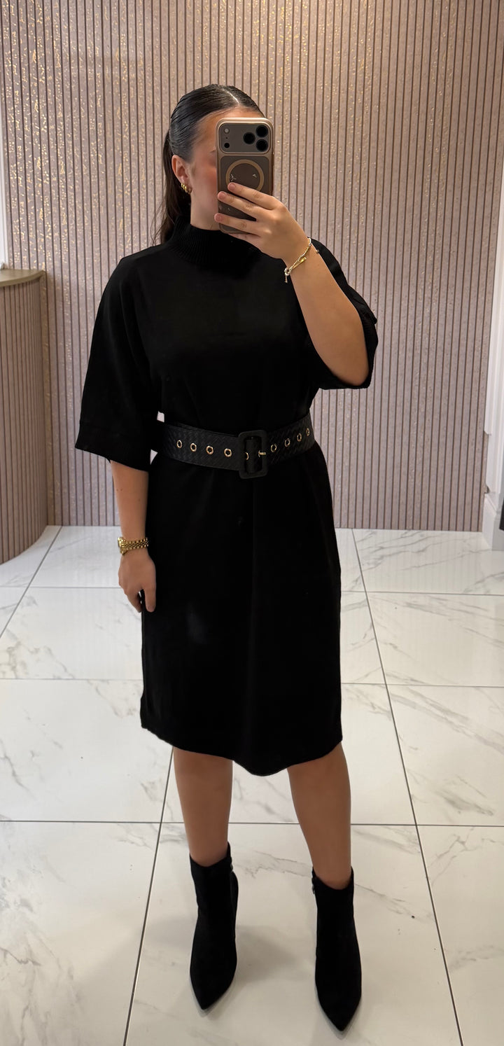 Carly Black Belted Knit Dress