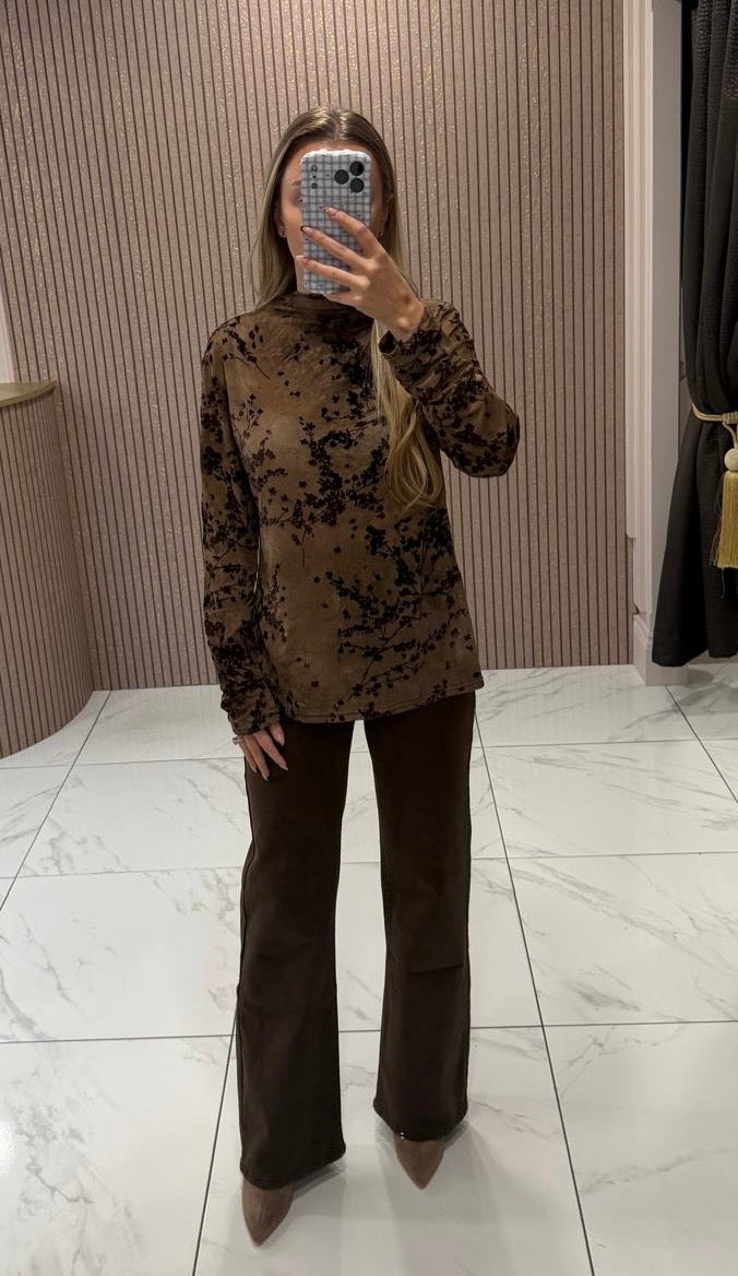 Selina Chocolate Textured Floral Print Top
