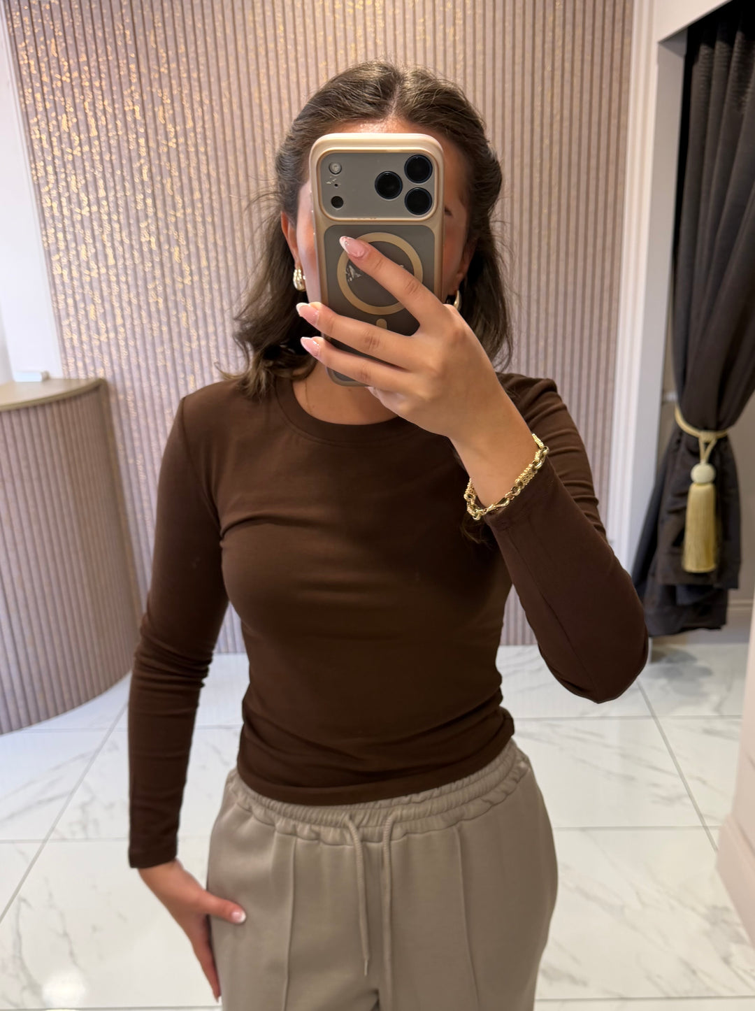 Trixie Chocolate Round Neck Cotton Long Sleeve Top