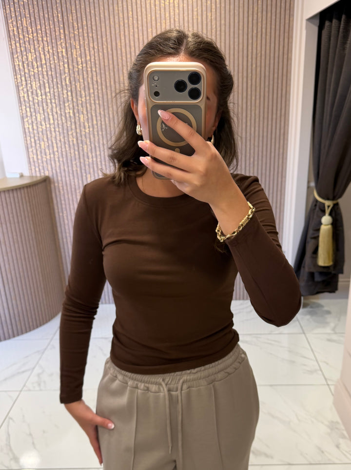 Trixie Chocolate Round Neck Cotton Long Sleeve Top