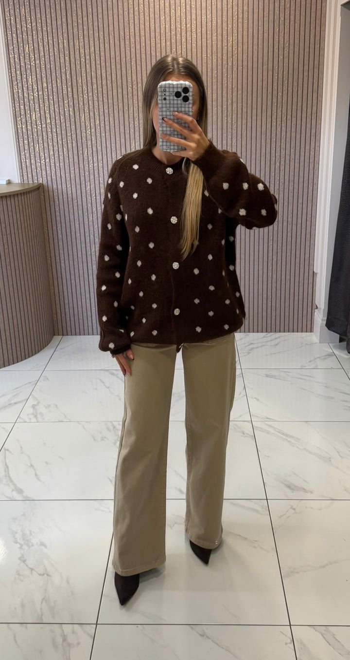 Layla Chocolate Polka Dot Knit Cardigan With Embellished Buttons