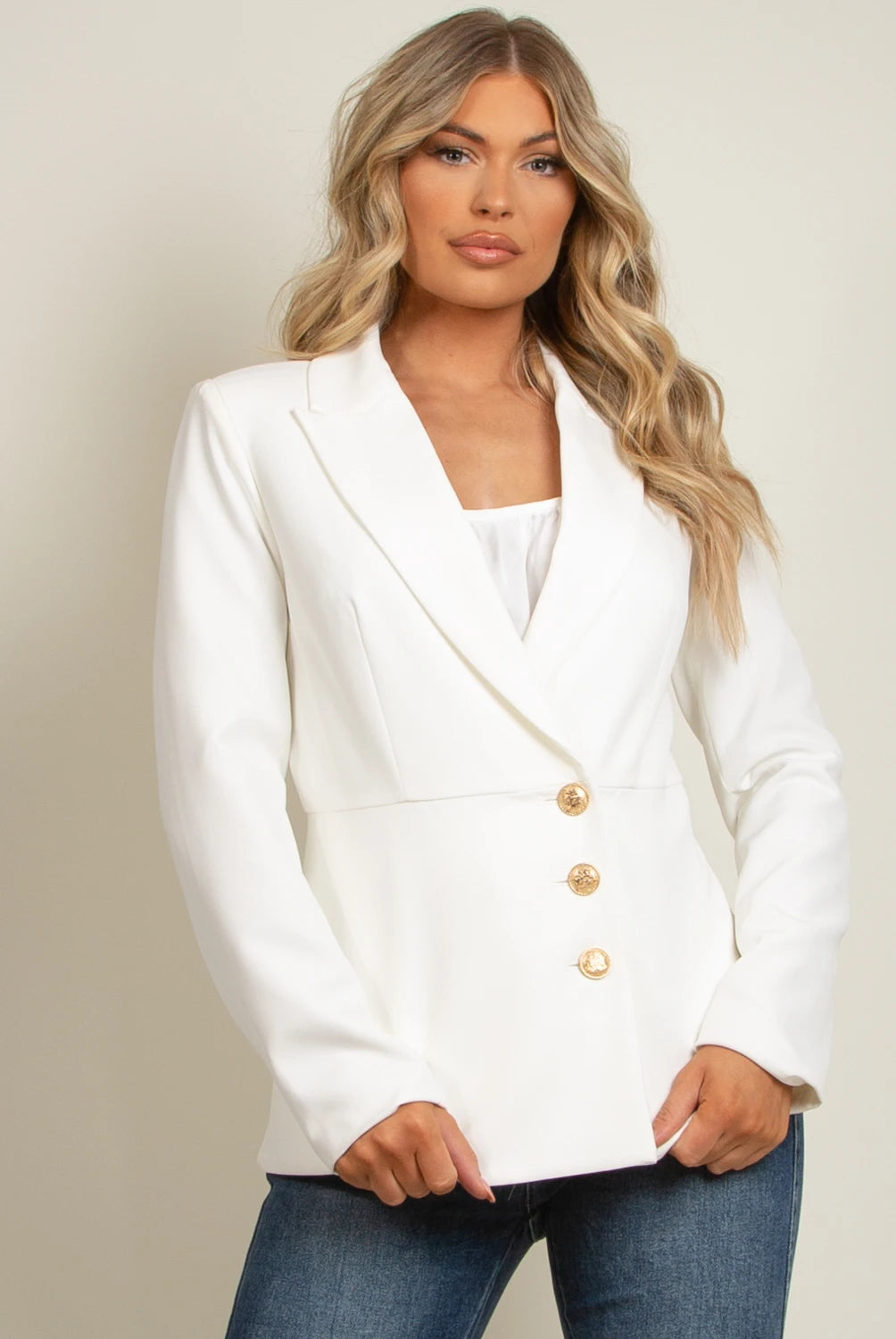 Charlotte White Structured Blazer With Gold Buttons