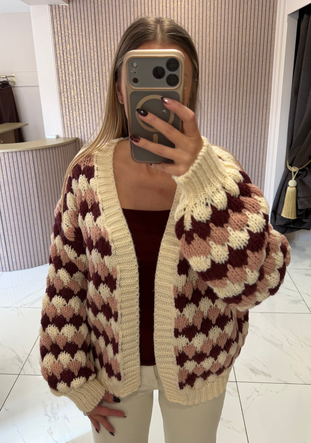 Linzi Diamond Wine, Cream &amp; Pink Cardigan