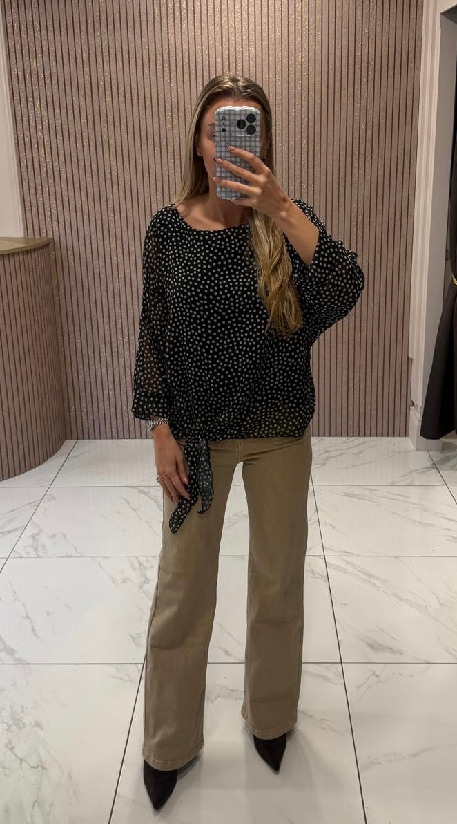 Nadine Black Polka Dot Tie Front Blouse/Top