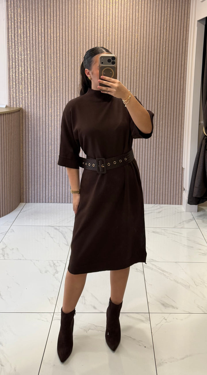 Carly Chocolate Belted Knit Dress