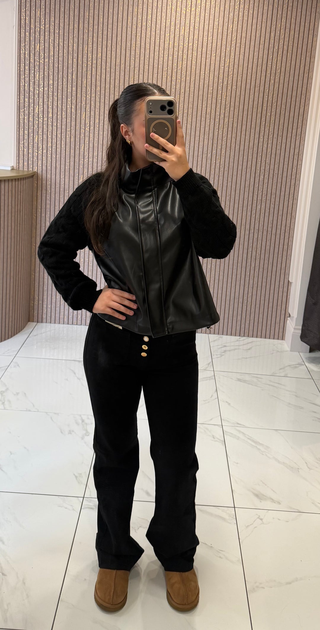 Georgie Black Faux Leather &amp; Cable Knit Jacket