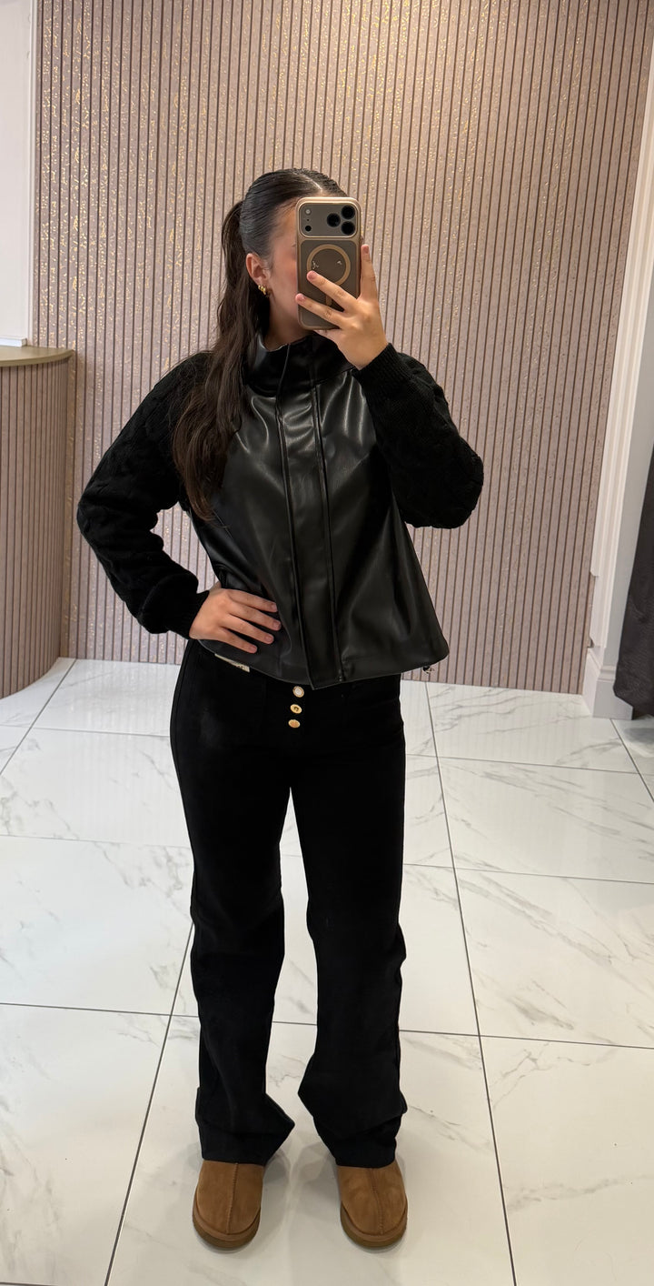 Georgie Black Faux Leather &amp; Cable Knit Jacket