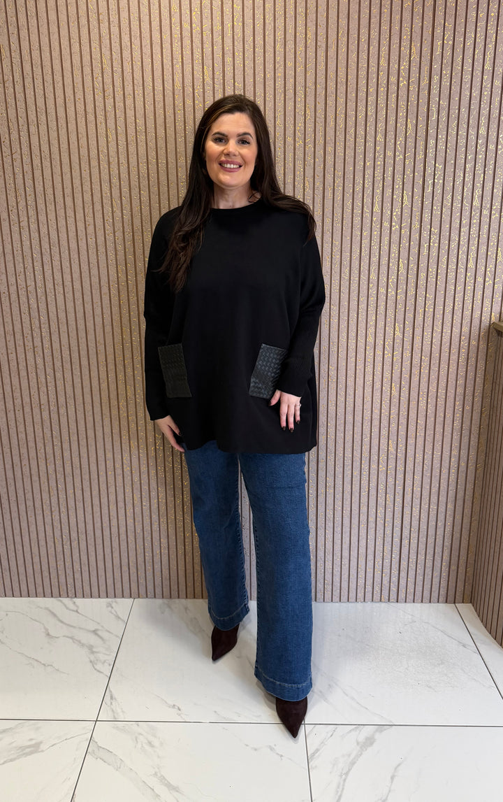 Blossom Black PU Textured Pocket Jumper
