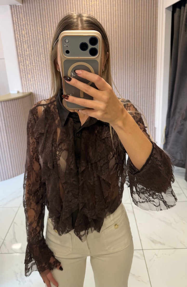 Celeste Chocolate Lace Ruffle Blouse
