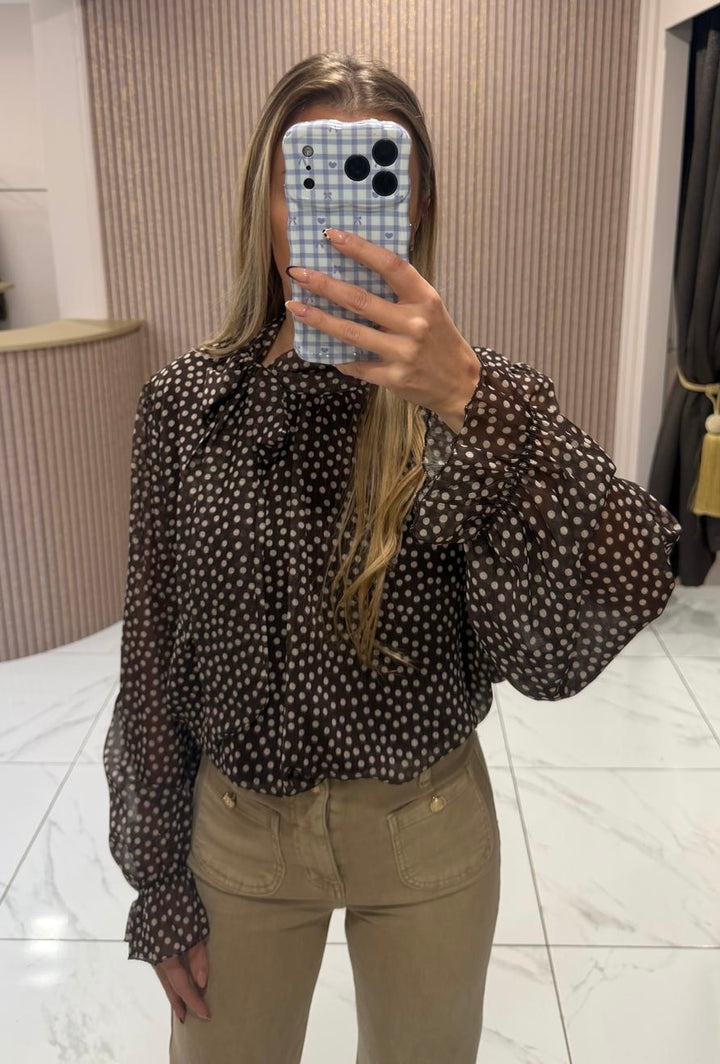 Marnie Chocolate Polka Dot Print Bow Blouse