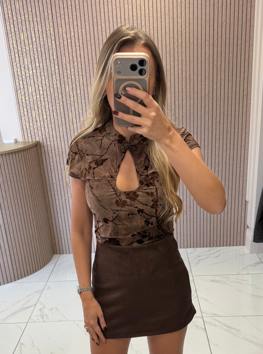 Maddie Chocolate Textured Floral Print Top