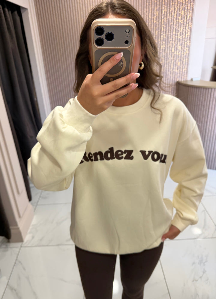 Rendez Vous Cream &amp; Chocolate Embroidered Sweater