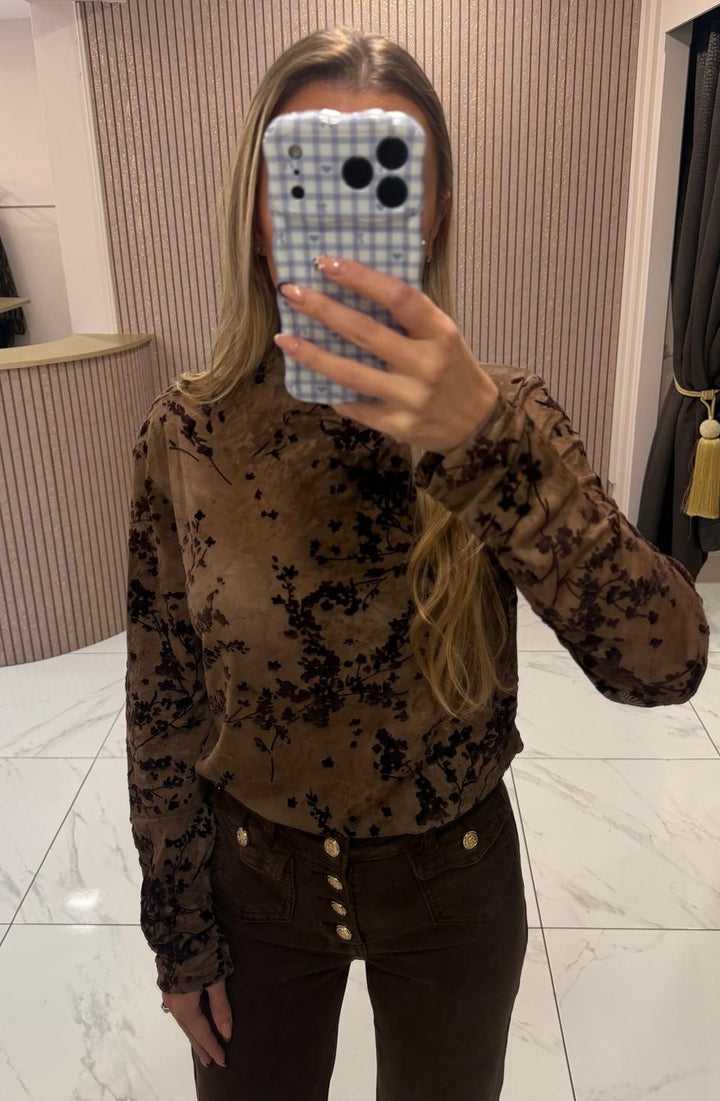Selina Chocolate Textured Floral Print Top