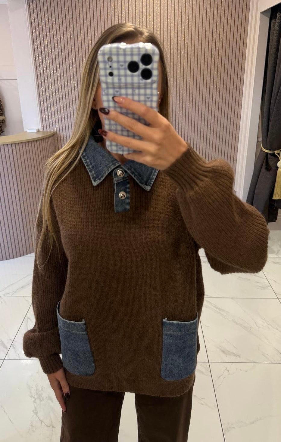 Harper Chocolate Knit Jumper With Denim Detail