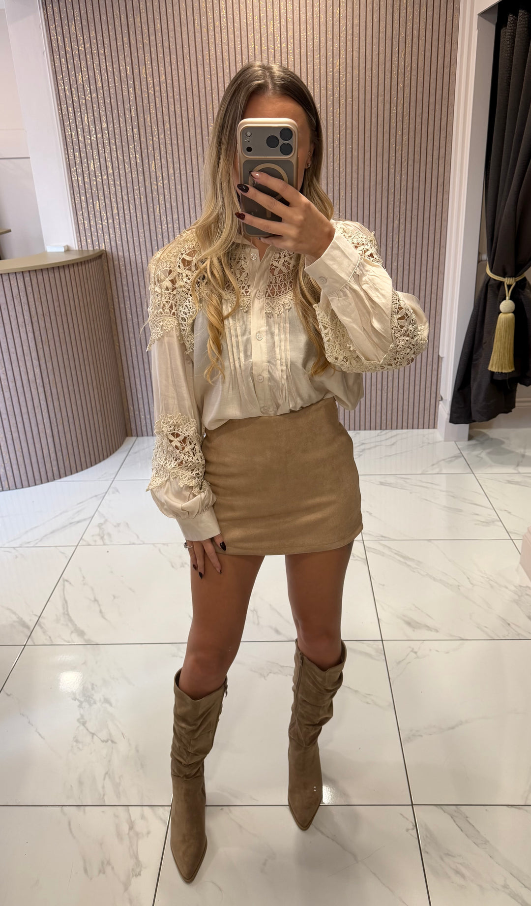 Luna Beige Faux Suede Skort