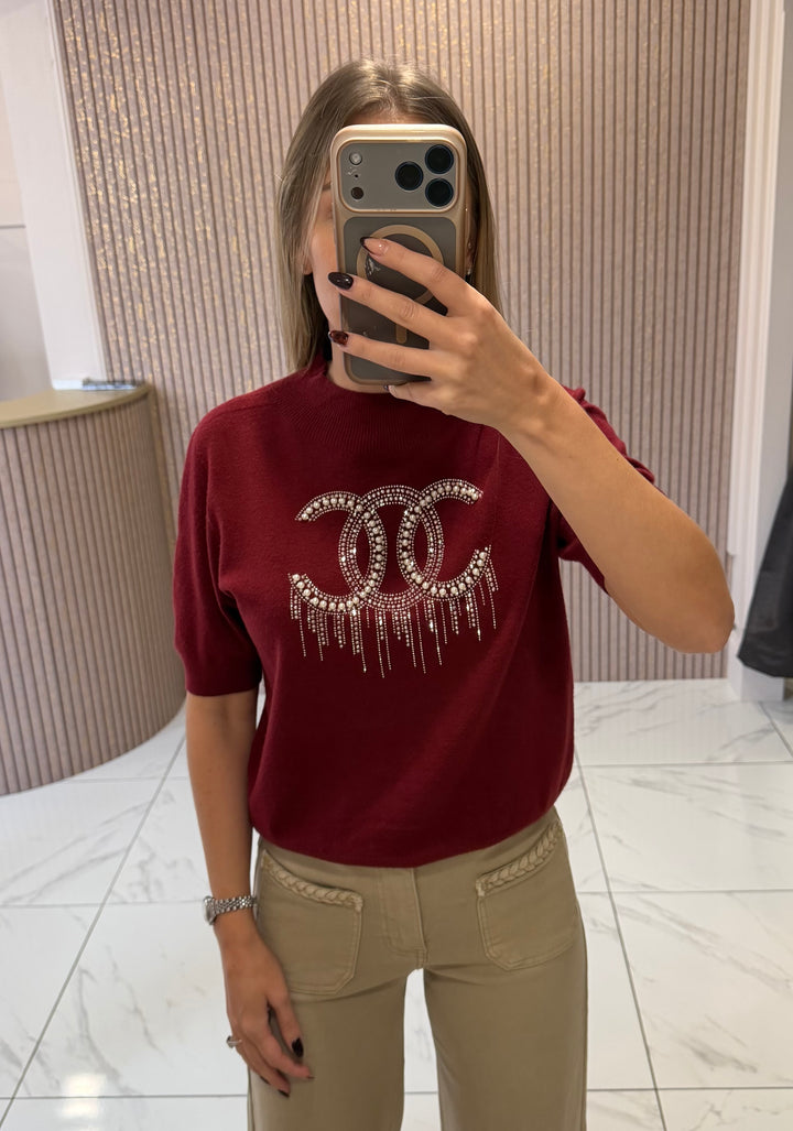 Chantelle Burgundy Pearl &amp; Crystal Knit Top