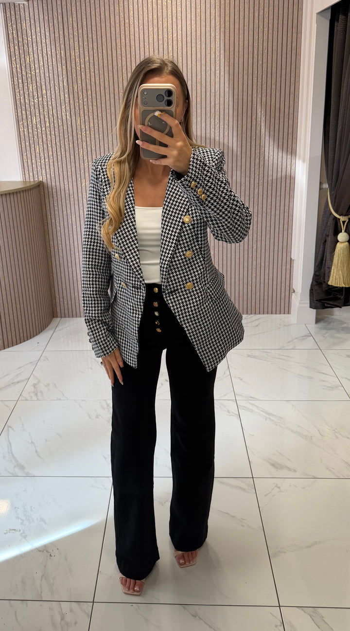 Helena Houndstooth Double Breasted Blazer With Gold Buttons