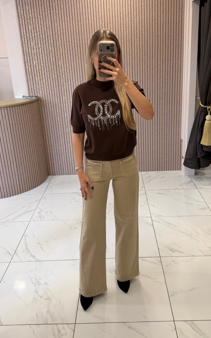 Chantelle Chocolate Pearl &amp; Crystal Knit Top