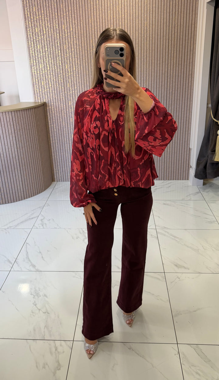 Edith Burgundy/Wine Button Front Jeans