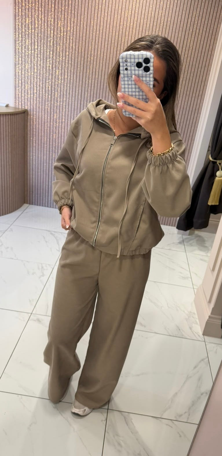 Iris Taupe Hooded Zip Jacket &amp; Trousers Lounge Set/Co-ord