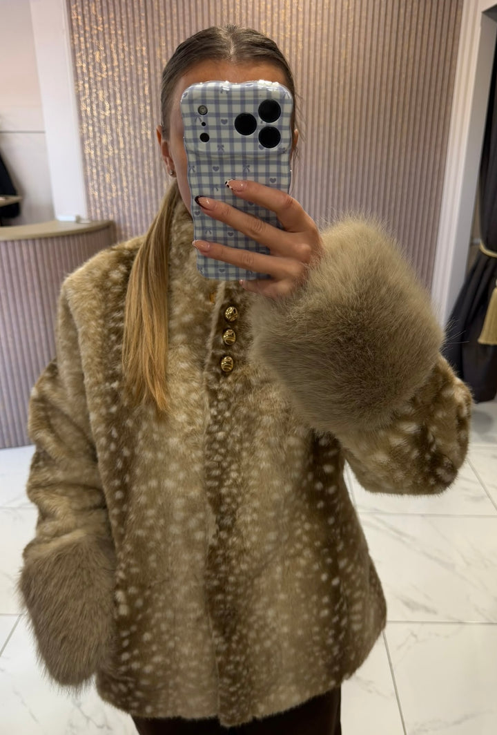 Maya Cream Deer Print Faux Fur Coat/Jacket
