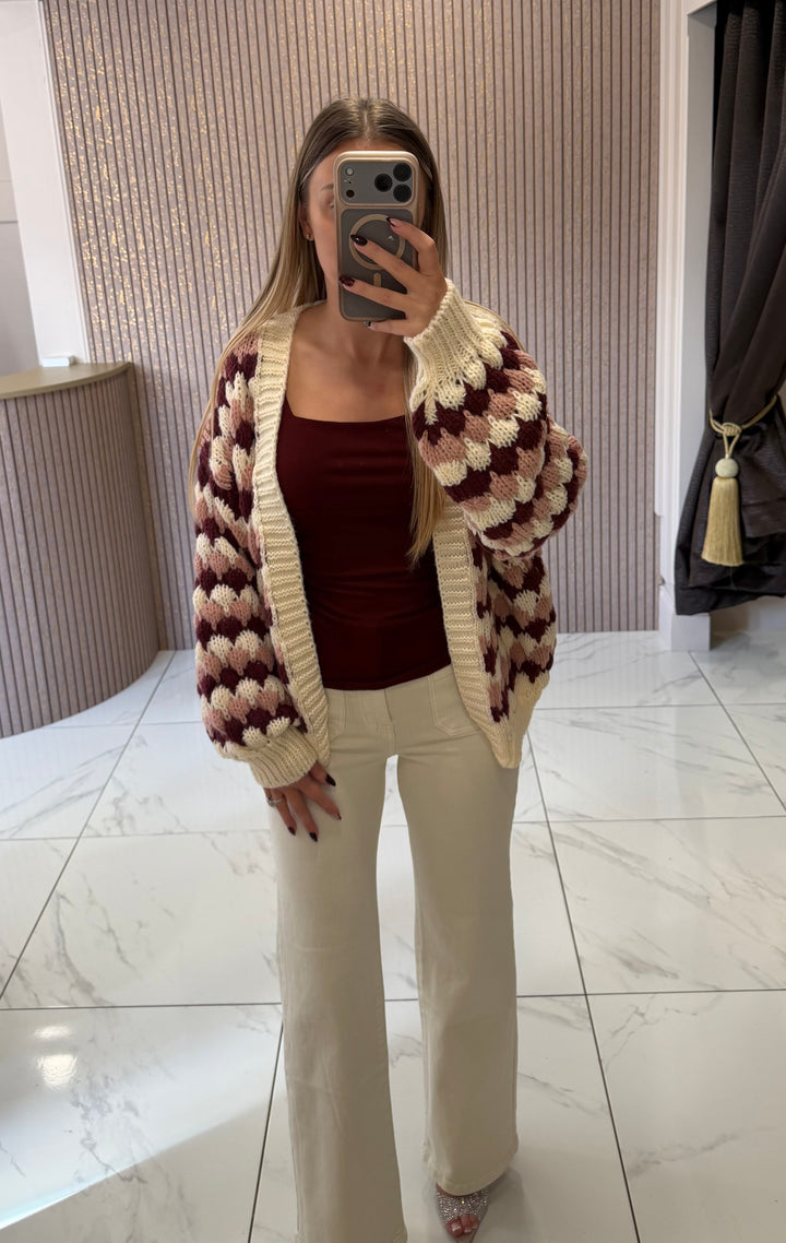 Linzi Diamond Wine, Cream &amp; Pink Cardigan