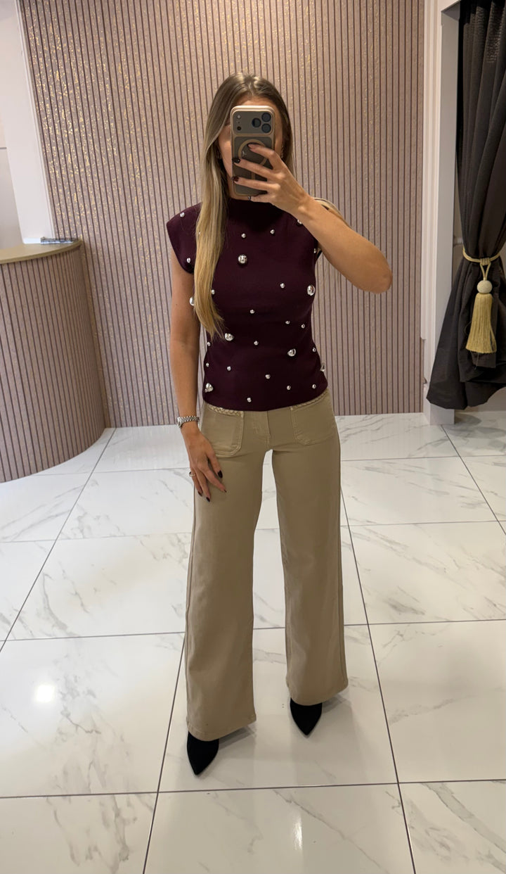 Erica Burgundy Stud Detail Fine Knit Top