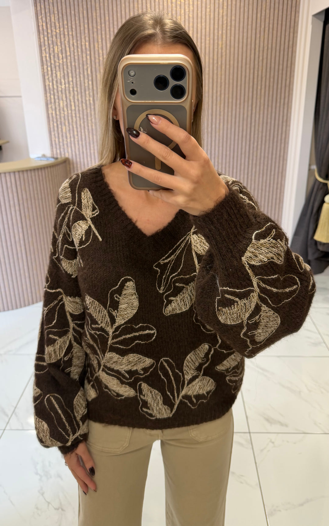Margot Floral Embroidered Chocolate Knit Jumper
