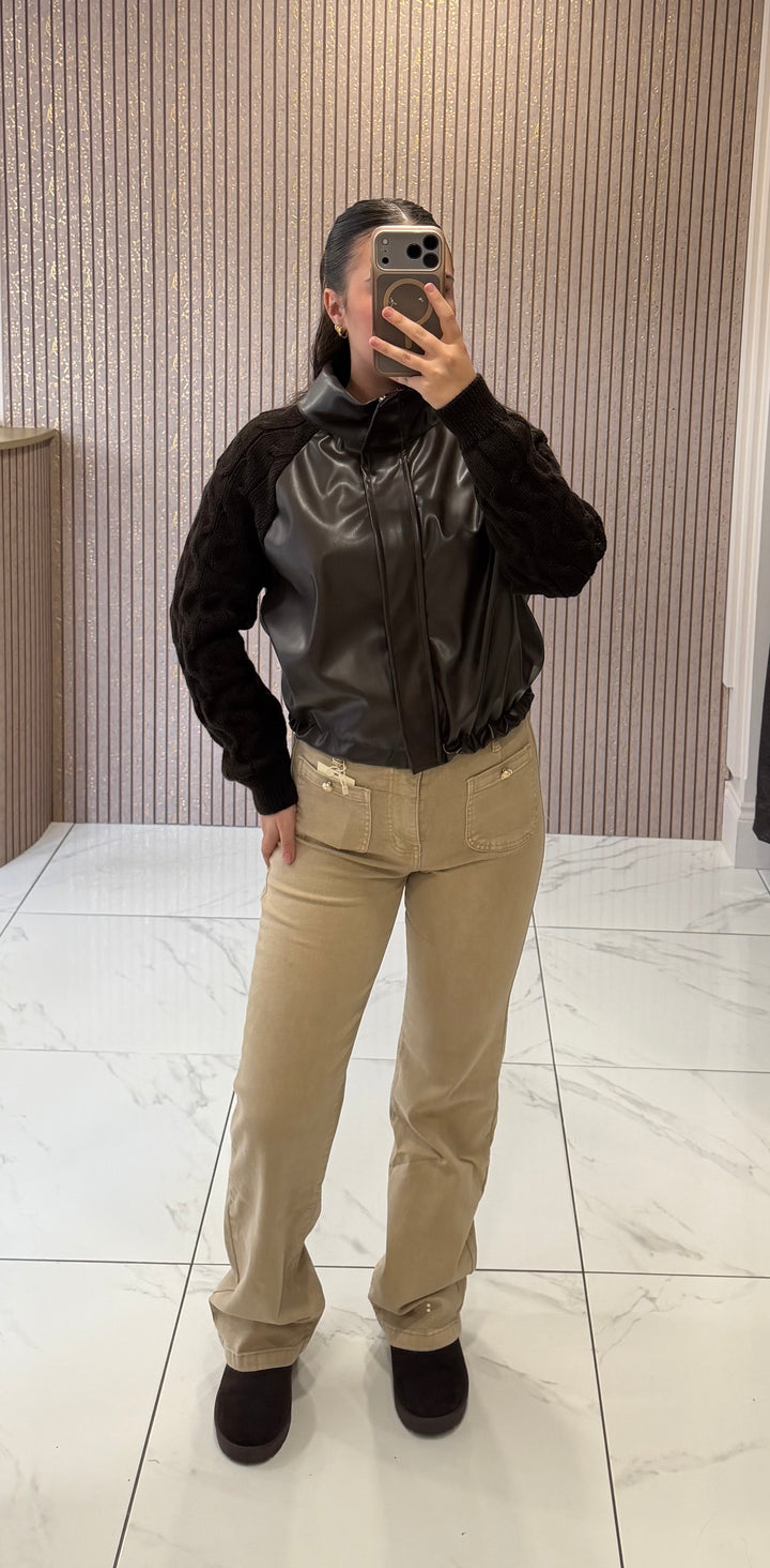 Georgie Chocolate Faux Leather &amp; Cable Knit Jacket