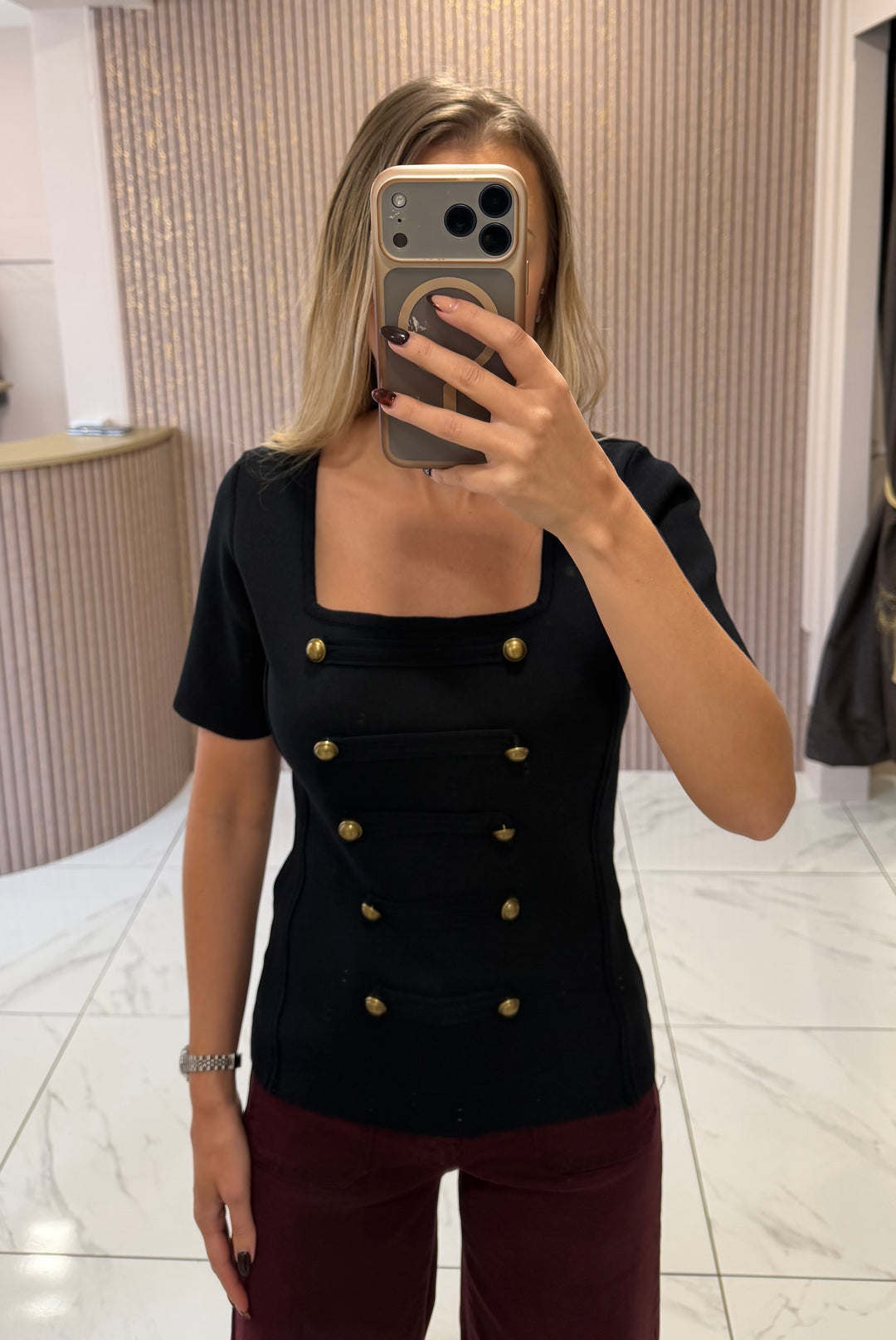 Estelle Black Knit Top with Gold Buttons