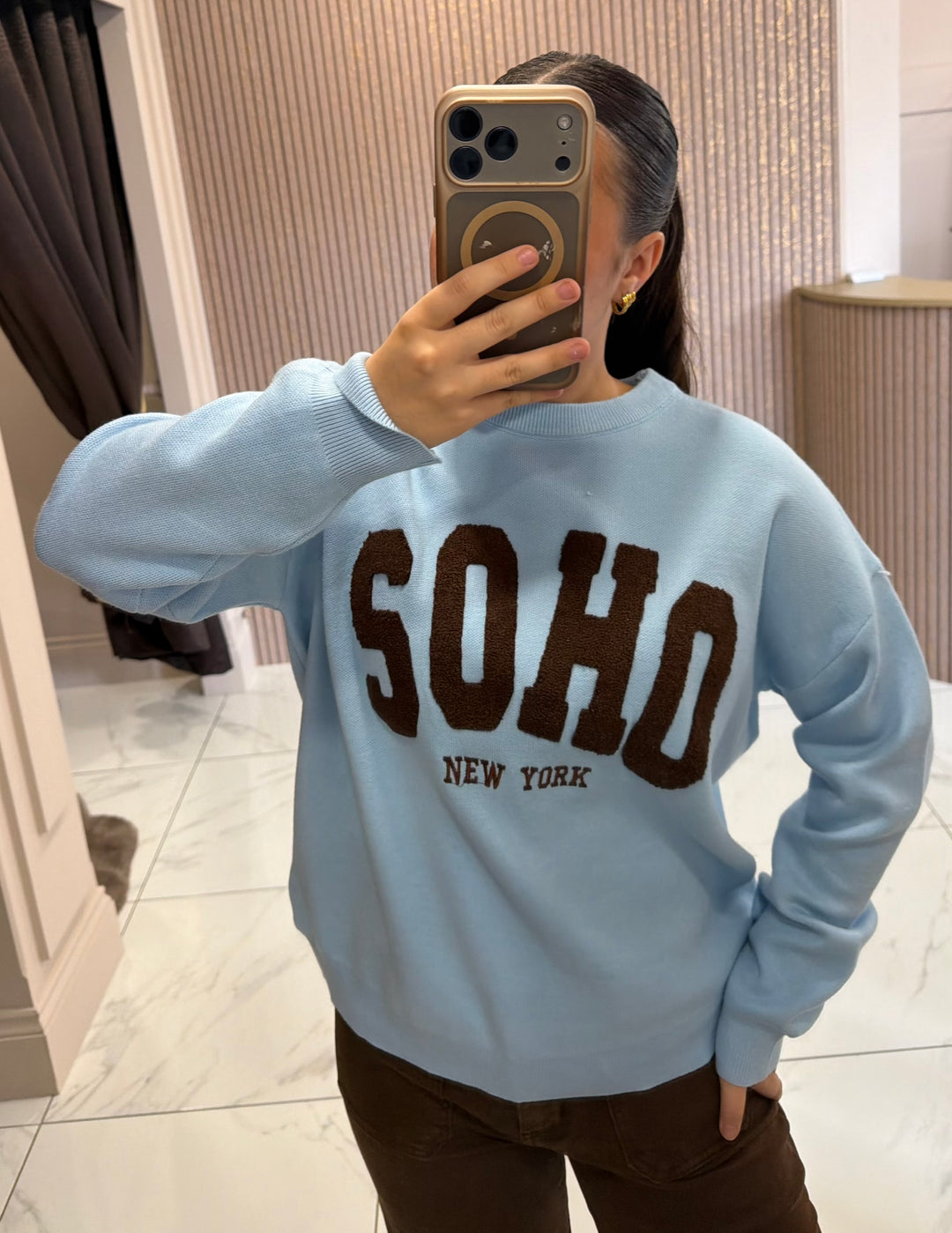 SOHO New York Blue &amp; Chocolate Knit Jumper