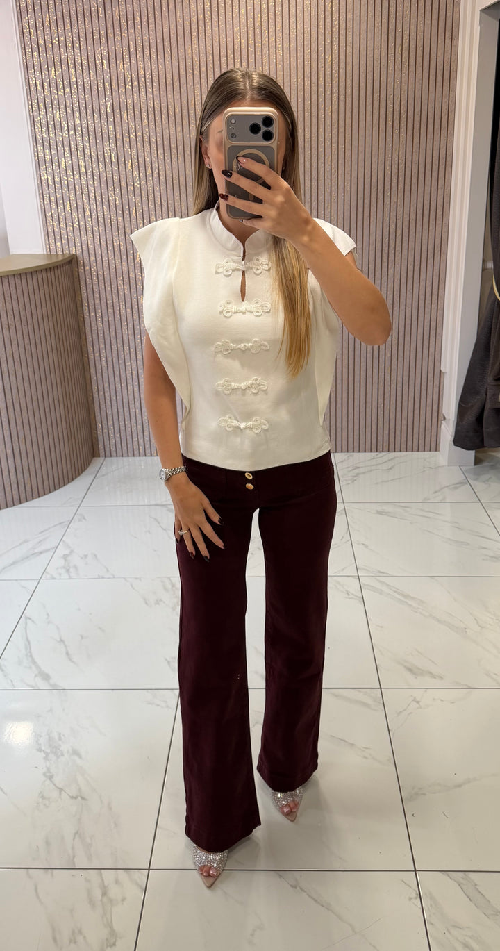 Lois White Fine Knit Button Top