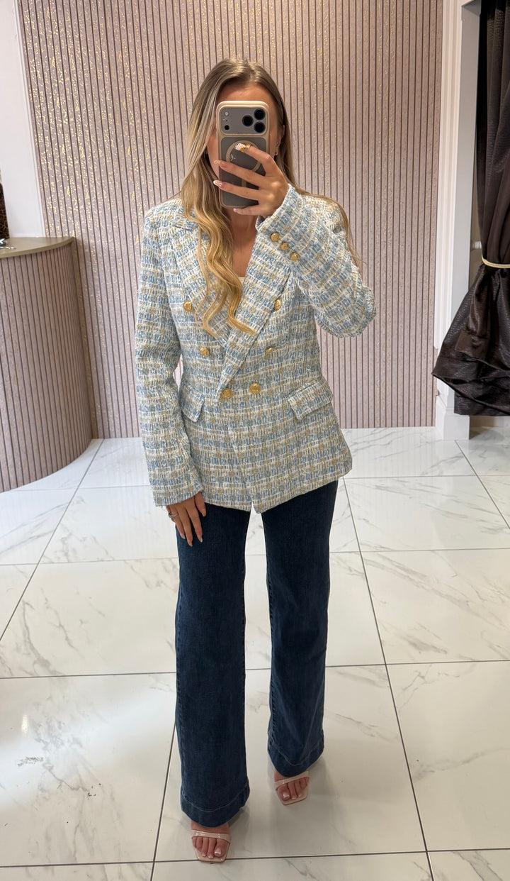Emma Baby Blue Tweed Blazer With Gold Buttons