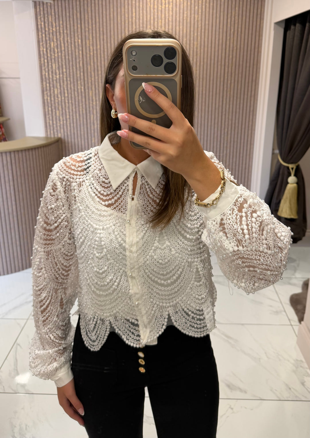 Ashlee White Pearl Embellished Blouse