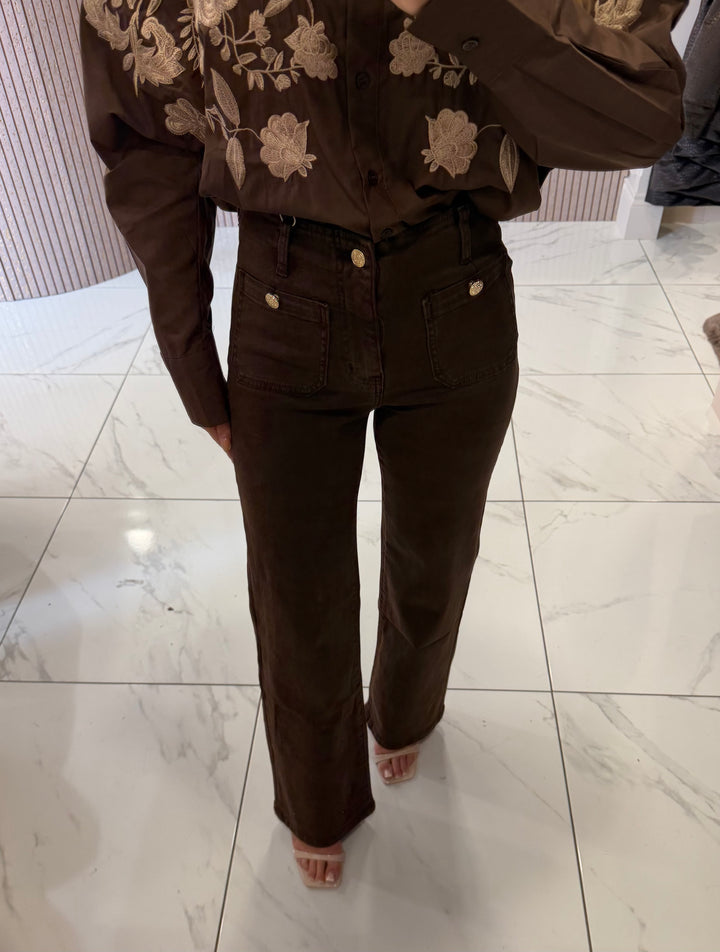 Tilly Chocolate Front Pocket Gold Button Jeans