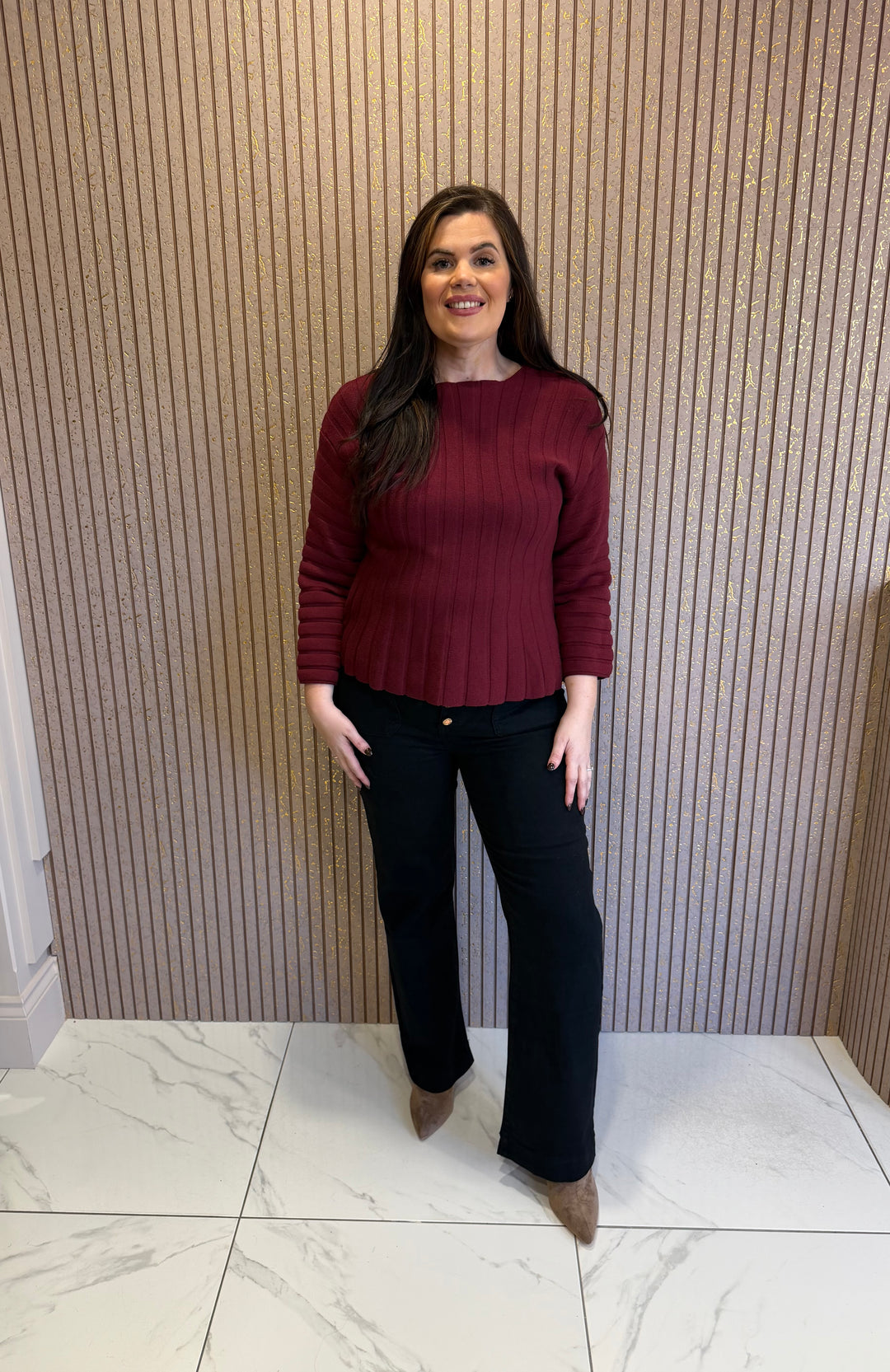 Sian Burgundy Rib Knit Peplum Hem Top