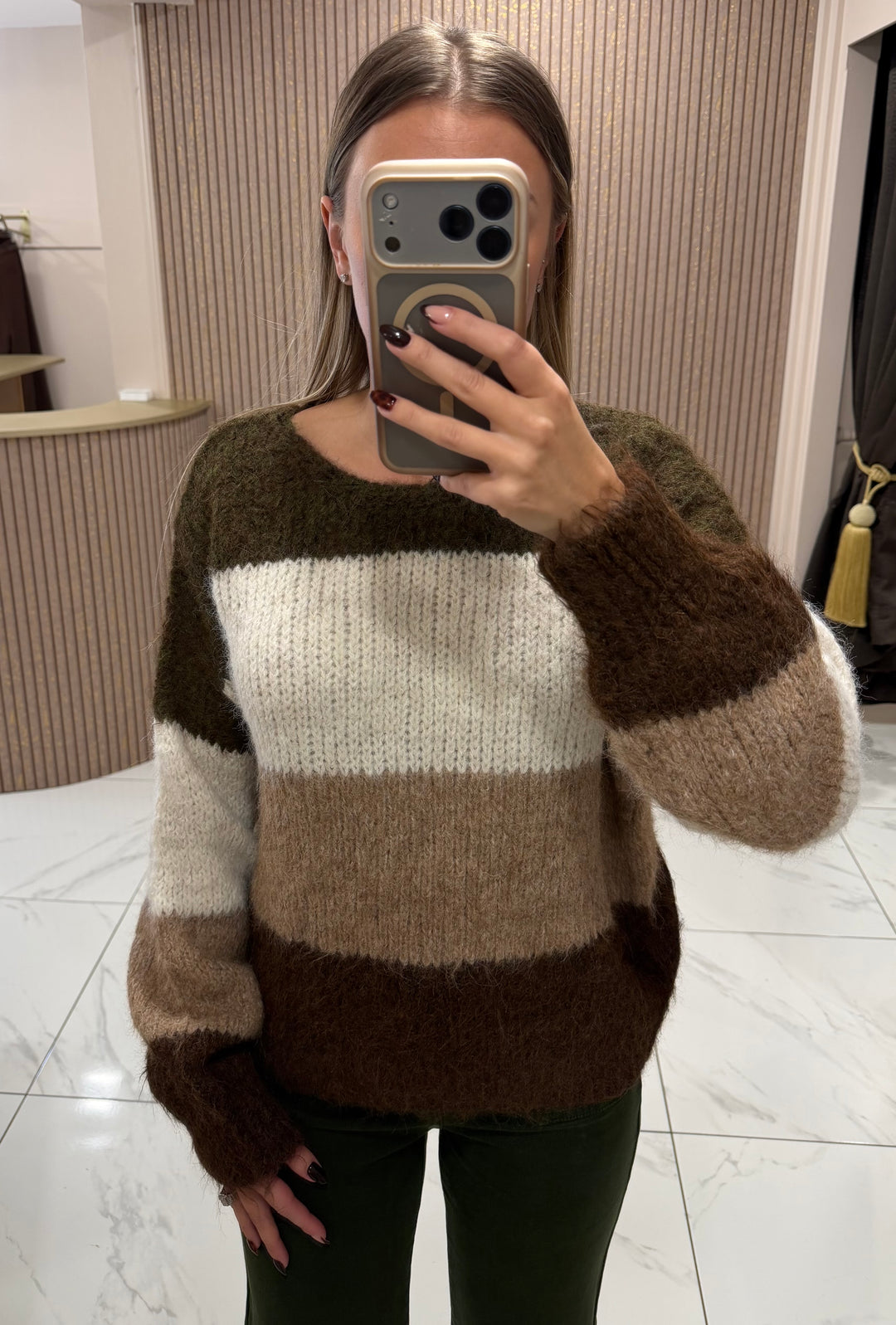 Petra Khaki Striped Knit Jumper