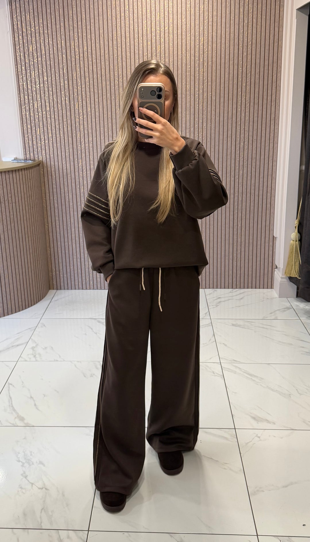 Mona Chocolate Sweater Top &amp; Wide Leg Trouser Set