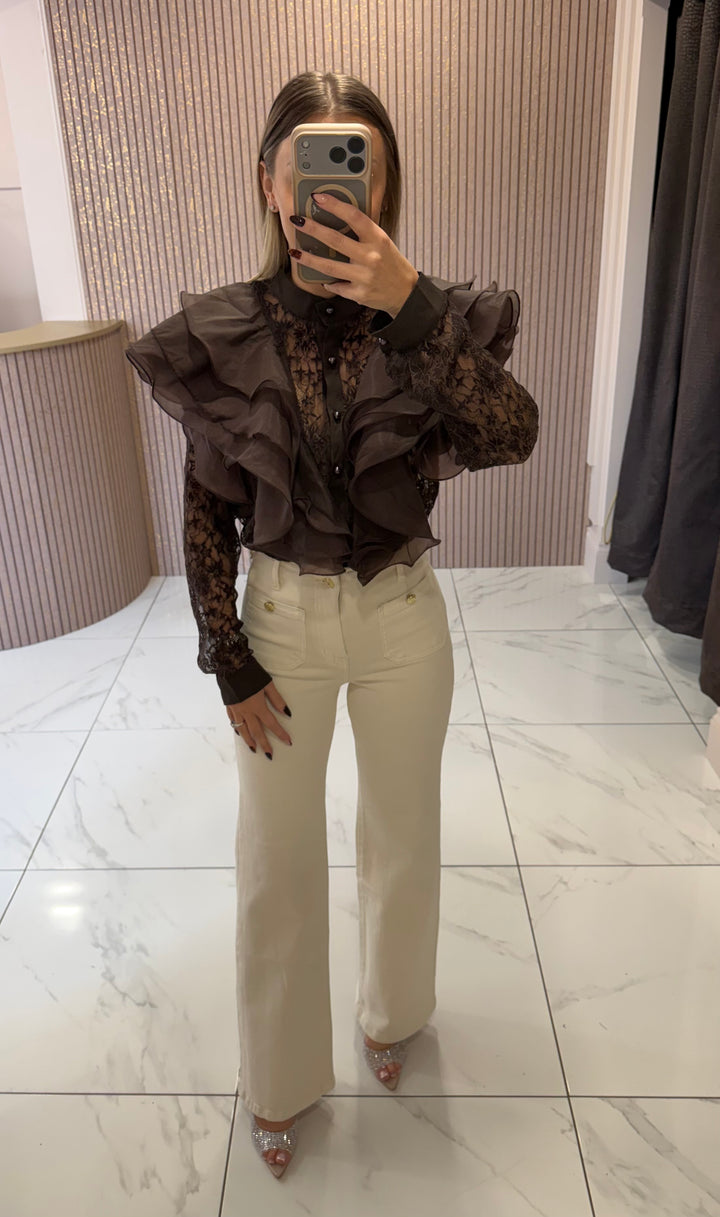 Bria Chocolate Lace Ruffle Blouse